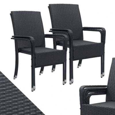 Image de Juskys Ensemble de 4 chaises Jardin Yoro en rotin avec accoudoirs et Dossier empilables Chaise pour Le empilable Balcon Noir