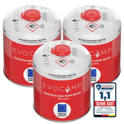 Image de EVOCAMP 3X Cartouche de gaz Propane Butane 450g, à vis avec Filetage européen 7/16&quot;, Bouteille 809ml, bonbonne utilisable pour Les Grills Weber séries Q100/1200