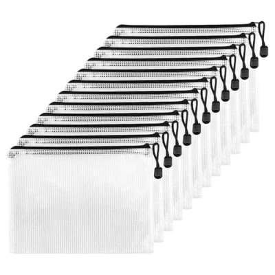 Image de Fousenuk 12 Pcs Pochette Document Zippée A4, PVC Transparentes Dossier, Étanche Sac Plastique Zip, à Fermeture, Mesh Zipper Pouch pour Voyage, Fournitures, Bureau, noir