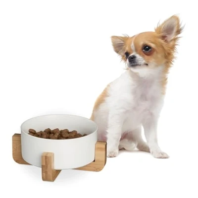Image de Relaxdays Gamelle pour Chien, 850 ML, Nourriture &amp; Eau, Bol avec Structure en Bambou, HxLxP : 9 x 20 cm, Blanc