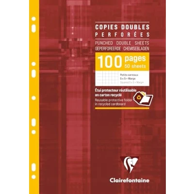 Image de Clairefontaine 47222C Un Étui de Copies Doubles Perforées A4 21x29,7 cm 100 Pages Petits Carreaux avec Marge Papier Blanc 90 g Réutilisable