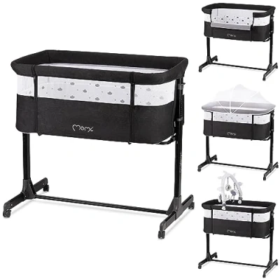 Image de MOMI REVO, lit bébé Multifonction, avec Hauteur réglable en 6 Positions de 72 à 82 cm, roulettes, Matelas Inclus, Sangles Fixation, moustiquaire et Barre Jouets