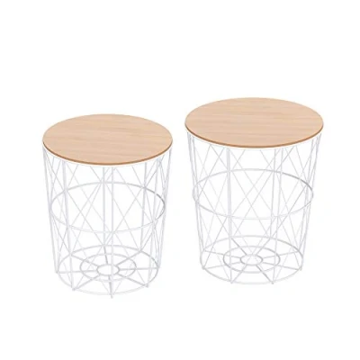 Image de HOMCOM Lot de 2 Tables Basses gigognes d&#039;appoint Rondes encastrables Style néo rétro Bicolore Structure métal Blanc Plateau MDF Coloris hêtre