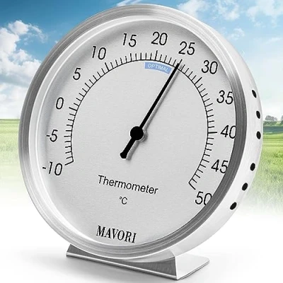 Image de thermomètre d&#039;ambiance MAVORI® analogique à l&#039;intérieur en acier inoxydable élégant et précis pour mesurer avec précision la température ambiante Ø 9,5 cm