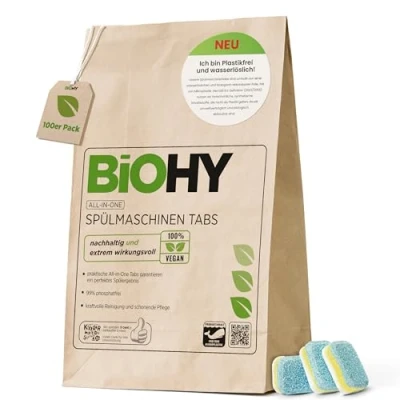 Image de BiOHY Pastilles pour lave vaisselle tout en un (100 Tabs) Sans phosphate Nettoyer la et les couverts Contre graisses résidus alimentaires plus tenaces (Spülmaschinen