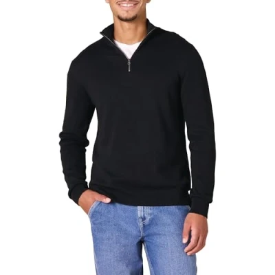 Image de Amazon Essentials Pull à Fermeture Éclair 3/4 100% Coton Homme, Noir, L