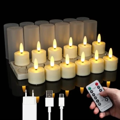 Image de FREEPOWER 12 bougies chauffe plat LED rechargeables par USB avec station de charge, électriques télécommande minuterie vacillante, blanc chaud, intensité variable