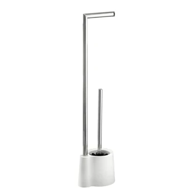 Image de WENKO Serviteur WC sur pied Avola, Kit avec une brosse et un dérouleur papier toilette, En acier inoxydable, Dimensions : 13 x 66,5 16 cm, Couleur blanc