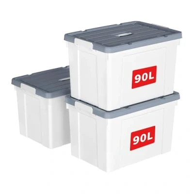Image de Cetomo 90L * 3 Boîte de rangement en plastique, fourre tout, Récipient d&#039;organisation avec couvercle durable et boucles verrouillage sécurisées, Empilable emboîtable, Lot 3, Blanc
