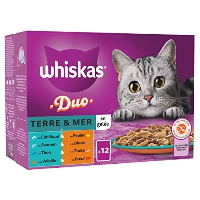Image de WHISKAS Repas pour Chat (Lot de 4 Packs 12x85g) Duo Terre &amp; Mer (4 saveurs) Pâtée en Gelée Nourriture Humide Complète Double Protéine Deux Fois Plus Goût
