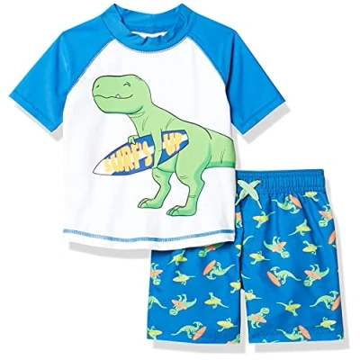 Image de Simple Joys by Carter&#039;s Swimsuit Trunk and Rashguard Set Ensemble de Maillot dermoprotecteur, Blanc Bleu Dinosaure, 3 Ans Bébé garçon