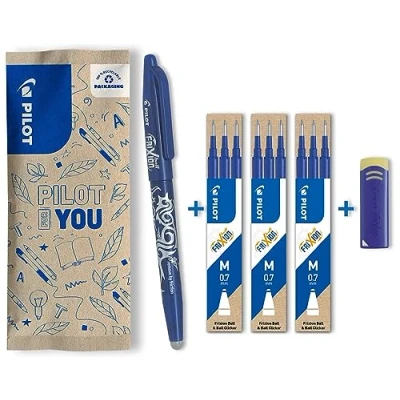Image de PILOT Lot de 1 Frixion Ball + 3 sets recharges gomme Stylo roller effaçable à encre thermosensible rechargeable fabriqué partir plastique recyclé Bleu Pointe moyenne