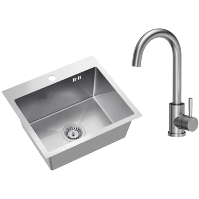 Image de VBChome Évier en acier inoxydable Avec robinetterie 50 x 45 cm brossé trou pour Grand bassin Siphon robinet