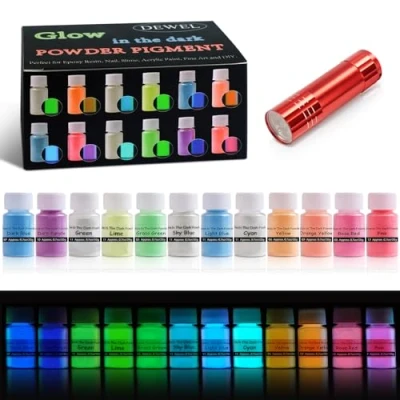 Image de DEWEL Peinture Fluorescente, Colorant Resine Epoxy Lumineuse Poudre de Mica Set Avec Lampe UV, pour la Peinture, Les Ongles, Le Bricolage, Résine époxy, Visage, 240G (12 x 20G）
