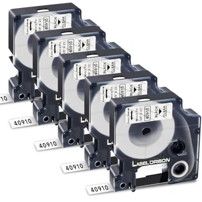 Image de Label Orison Lot de 5 rubans d&#039;étiquettes D1 40910 S0720670 Noir sur transparent 9 mm x 7 m Compatible avec DYMO LabelManager 160 210D 360D 280 420P 450D 500TS Labelpoint 100 150 200 250