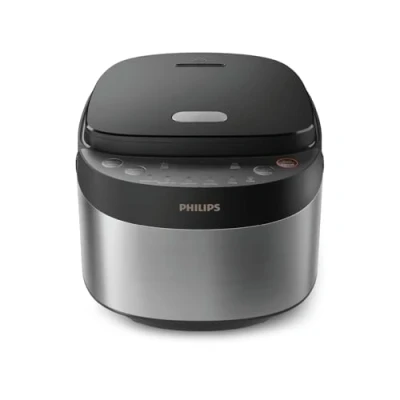 Image de Cuiseur de riz Philips série 3000 Compact 0,85 L, 8 menus automatiques, cuve antiadhésive à 4 couches, cuisson rapide en 30 minutes, design noir et argent (HD3093/80)
