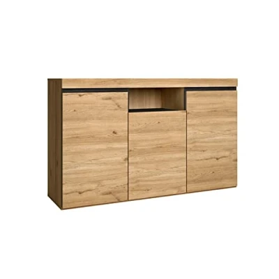 Image de Skraut Home Buffet Modèle Naturale 140 x 40 81 cm Meuble d&#039;Entrée à 3 Portes Style Nordique Mélamine Finition Couleur Chêne/Noir