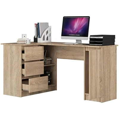 Image de BDW Bureau d&#039;angle Gauche, 3 tiroirs et 4 tablettes, Beaucoup de Place pour s&#039;étendre, Bureaux ateliers, Table d&#039;ordinateur, Travail, Bureau, 155x77x87, Sonoma