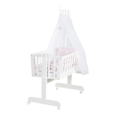 Image de roba Berceau Complet Kleine Wolke Rosa 40 x 90 cm Literie Complète Incluse avec Verrouillage en Position Fixe Roues à Freins Bois Laqué Blanc Motif Nuages