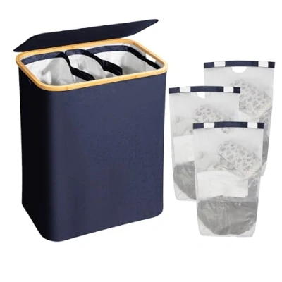 Image de AdelDream Panier à linge en bambou 3 compartiments 160L Pliable Bleu