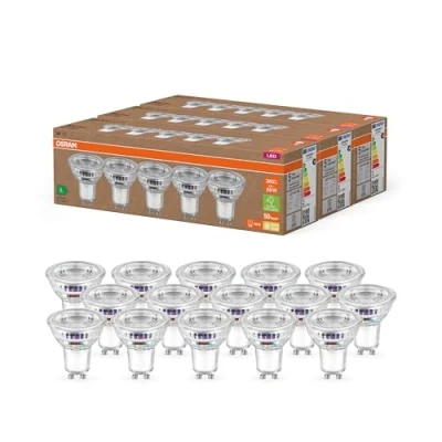 Image de OSRAM lampes LED très efficaces avec classe d&#039;efficacité énergétique A, Pack avantage 15 ampoules, remplace les réflectrices 50W, blanc chaud (2700K), E27, verre