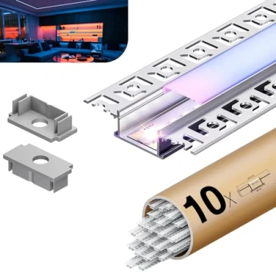 Image de KOSOOM Profilé LED encastré pour bandes 1m x 10pièces, avec couvercle mat, Profile dimensions W28mm (Alettes 64,2mm) H10mm supporte les d&#039;une largeur inférieure ou égale à 20,2mm