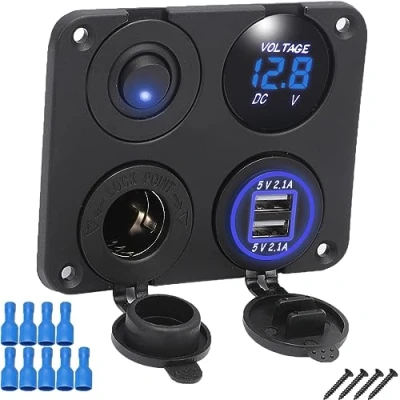 Image de FanPaYY Panneau Prise de Chargeur voiture 4 en 1, USB Double Voltmètre Allume Cigare Interrupteur à Bascule Lumineux pour Voitures, Bateaux Remorques Bus