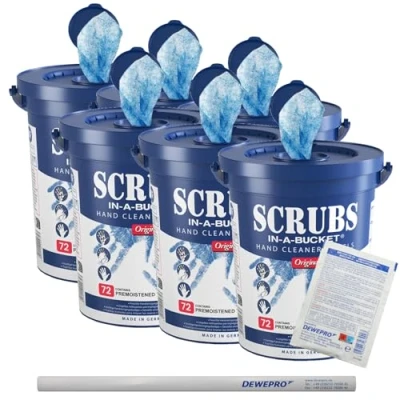 Image de Lot de 6 seaux SCRUBS dans un seau 72 lingettes nettoyage pour les mains trempées par seau, avec crayons Dewepro® et gommes SingleScrubs