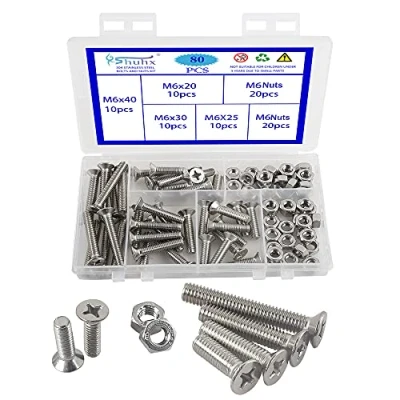 Image de Rshuhx 80pcs M6 Boulons et écrous en Acier Inoxydable 304 Croix Vis à Métaux Tête Fraisée Outils de Réparation Fixations Kit D&#039;assortiment pour Lit Bébé Têtes Chaises Meubles