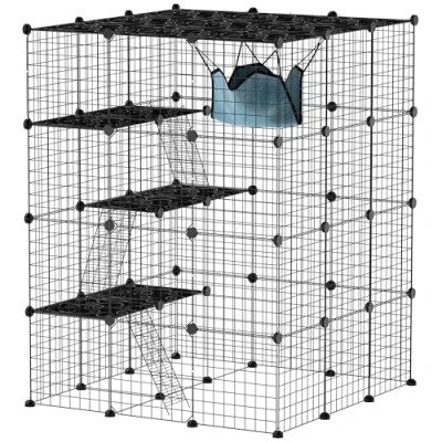 Image de PawHut Clôture pour Animaux domestiques, enclos Lapin intérieur, 4 Niveaux, modulable Petits Animaux, Lapins, Panneaux grillagés, 105 x 140 cm, Noir