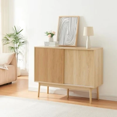 Image de [en.casa] Buffet Élégant avec 2 Portes Coulissantes Armoire Meuble de Rangement 4 Compartiments MDF Panneau Particules Bois Pin 90 x 115 40 cm Effet Chêne