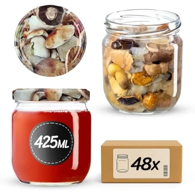 Image de KADAX Lot de 48 pots à confiture avec couvercle visser, 425 ml, bocaux conservation pour confitures, miel (champignons)