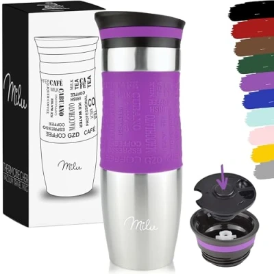 Image de Milu Mug Isotherme Etanche 370ml, 450ml I Thermos café thé Tasse Isolée pour et à emporter, Double Paroi sous Vide, Acier Inoxydable de voyage Chaud &amp; froid (450ml, Pourpre)