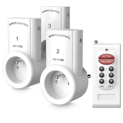 Image de KYG Lot de 3 Prise Télécommandée Programmable, Domotique Sans Fil, Fonction All ON OFF, 1 Télécommande et Deux Piles Incluses