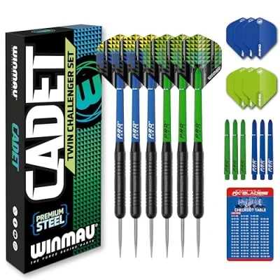 Image de WINMAU Darts Cadet Twinset Acier de qualité supérieure 19g Jeu fléchettes à Pointe en avec ailettes et tiges fléchettes, y Compris Une Carte Score