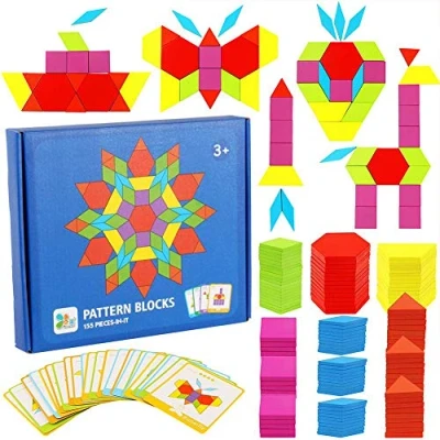 Image de Puzzle en Bois Tangrams,155 Pack Montessori Bebe Tangram Géométrique Coloré Blocs Set avec 24 Pcs Cartes de Conception et Sac Rangement pour Enfants 3+